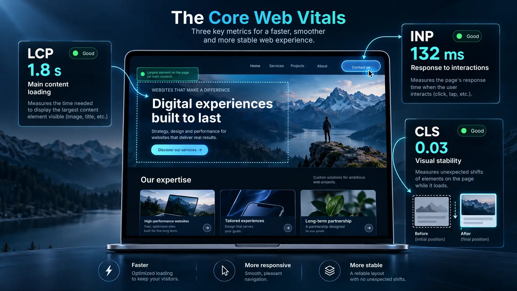 Illustration of the three Core Web Vitals: LCP (main content loading), INP (response to interactions) and CLS (visual stability), shown on a website displayed on a laptop.