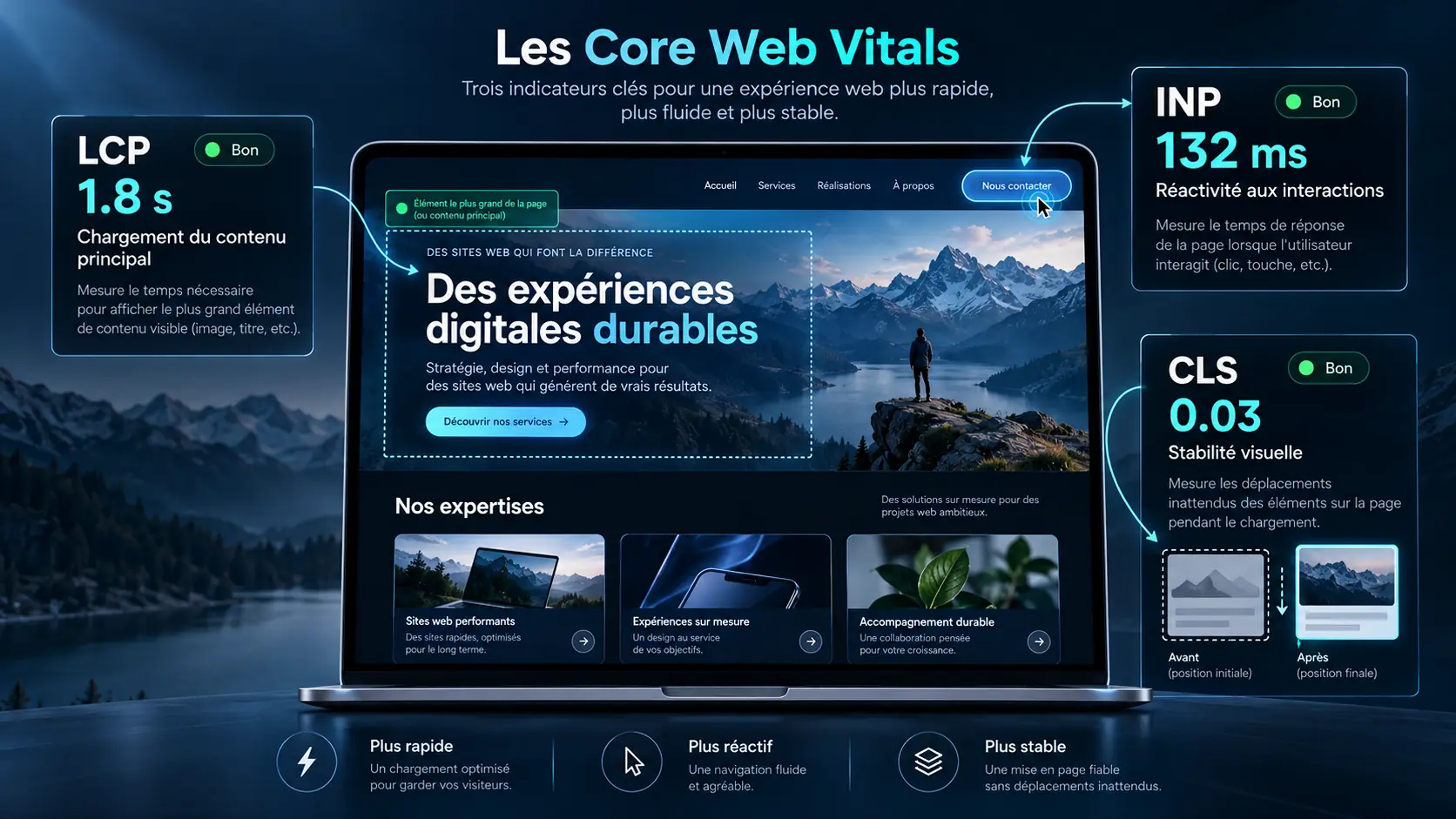 Illustration des trois Core Web Vitals : LCP (chargement du contenu principal), INP (réactivité aux interactions) et CLS (stabilité visuelle), présentés sur un site affiché sur un ordinateur portable.